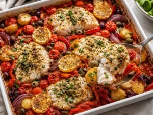 Read more about the article One-Pan Lemon & Tomato Mediterranean Cod Tray Bake