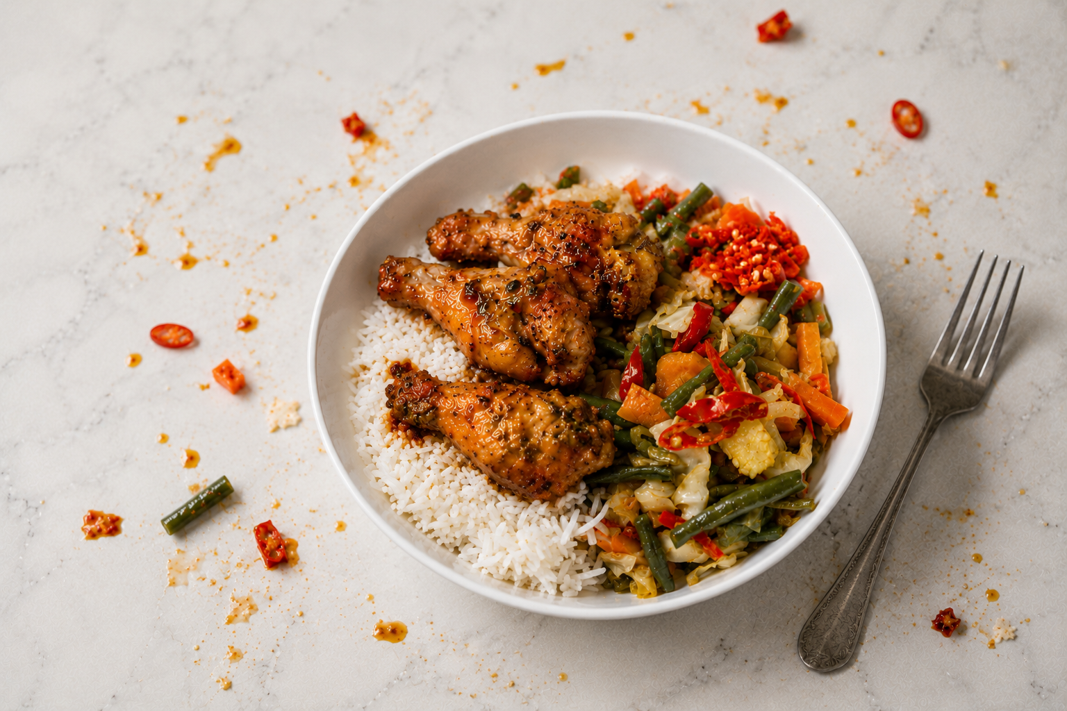 You are currently viewing Sticky Chicken Wing Rice Bowl with Stir-Fried Vegetables & Chilli Sambal