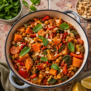 Read more about the article Moroccan Vegetable Tagine with Chickpea & Almond Quinoa